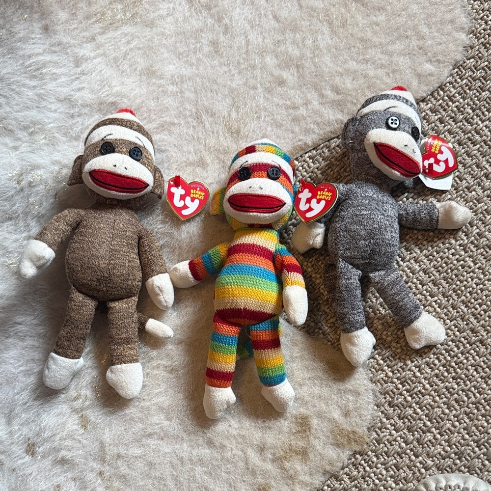 Ty Beanie Baby Sock Monkey Trio - Brown, Rainbow, Gray